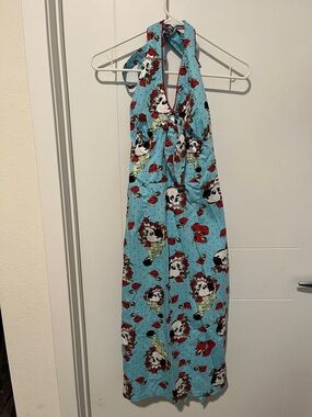 Jawbreaker Blue Skull Roses Polka Dot Halter Dress Pinup Girl Rockabilly